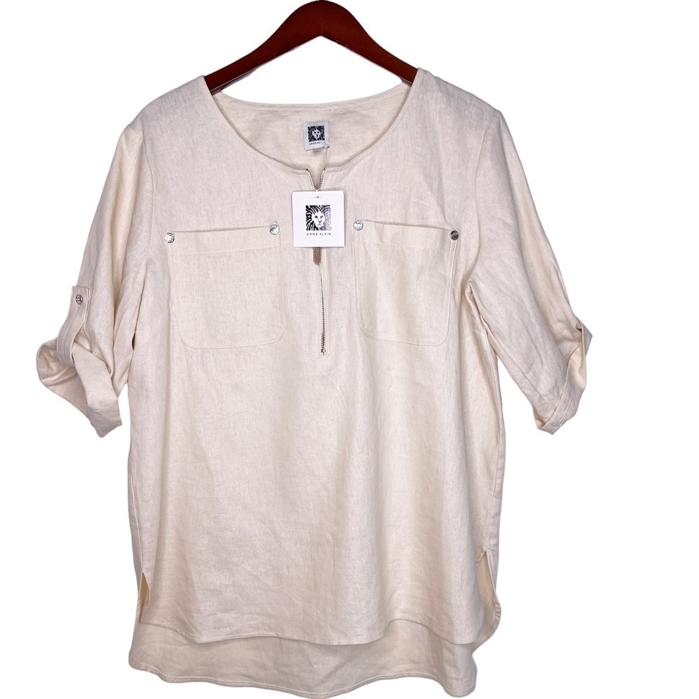 ANNE KLEIN NWT Tassel Zip Popover Rolled Sleeve Top Size Large in Linen Cream